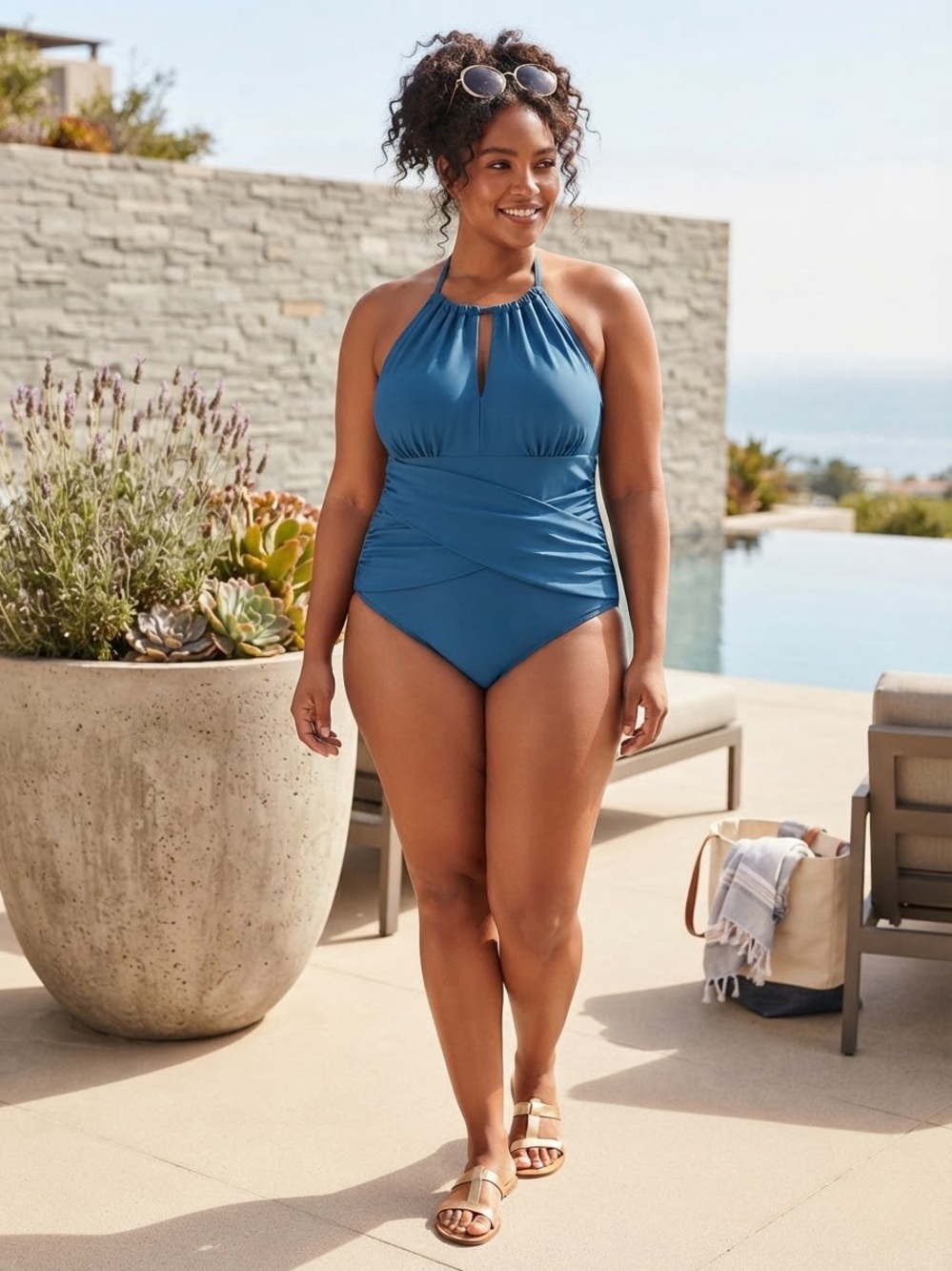 NWT Kona Sol Solid blue halter-style one-piece swimsuit size 16 W.